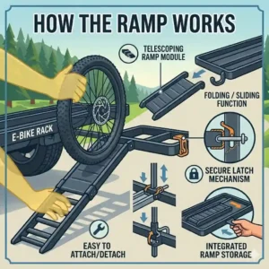 Illustration for a hitch bike rack with ramp buying guide showing the various storage options for the ramp, including folding or integrated sliding.