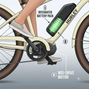A diagram highlighting the LCD display and pedal-assist controls on the handlebars of a hurley electric bike.