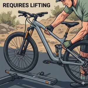 An illustration demonstrating a person lifting a heavy mountain bike by hand, highlighting the physical difference of a hitch bike rack with ramp vs no ramp options.