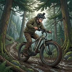 Vector graphic showing a Rambo bikes fat tire bike easily navigating a steep, muddy mountain trail.