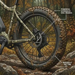 A rugged rambo electric bike navigating deep mud and rocky terrain showing off its wide fat tires.