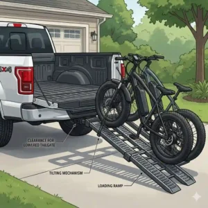 An illustration highlighting the substantial tailgate clearance provided by the hitch bike rack with ramp for ford f150, allowing the F150 tailgate to open fully.