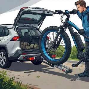 Illustration demonstrating the rear trunk access and tilt feature of the hitch bike rack with ramp for toyota rav4.