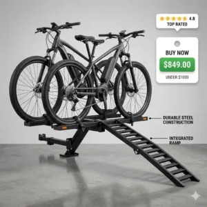 A close-up view of an affordable hitch bike rack with ramp under $1000.