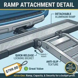 Close-up detail view of the quick-release loading ramp mechanism on a hitch bike rack with ramp under $800.
