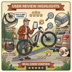 A graphic highlighting positive customer ratings regarding the ease of loading heavy e-bikes onto a hitch bike rack with ramp real user reviews.