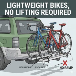Two heavy electric bicycles securely mounted on a vehicle, showing the weight capacity benefits in a hitch bike rack with ramp vs no ramp comparison.