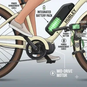 A technical view of the internal cable routing and frame tube insulation within a hurley electric bike.