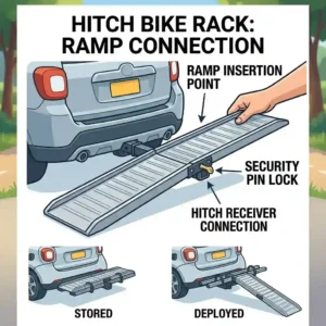 An illustrated diagram showing how to set up the ramp of a hitch bike rack with ramp for beginners.