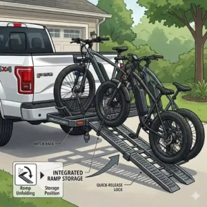 A close-up view of the quick and secure folding mechanism of the loading ramp, integrated into the hitch bike rack with ramp for ford f150.