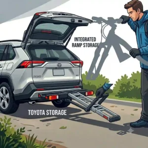 Technical drawing showing the integrated ramp storage system on the hitch bike rack with ramp for toyota rav4.