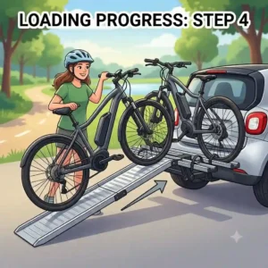 A close-up illustration of pushing an electric bike up the loading ramp of a hitch bike rack with ramp for beginners.