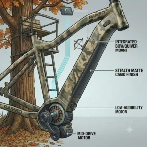 A matte camouflage finish rambo electric bike parked silently next to a hunting tree stand.