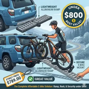 Two heavy e-bikes securely mounted on a platform style hitch bike rack with ramp under $800.