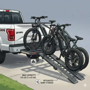 A technical diagram illustrating the high weight capacity of the hitch bike rack with ramp for ford f150, easily holding two heavy fat-tire electric bikes.