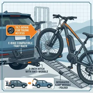 Illustration for a hitch bike rack with ramp buying guide showing the tilt-down feature for trunk access, with the bike and ramp tilted back.