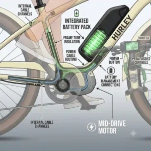 An illustration of the internal cable management and connector block inside a hurley electric bike.