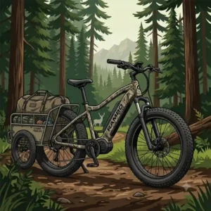 Detailed illustration of an electric Rambo bikes model pulling a heavy-duty single-wheel cargo trailer.