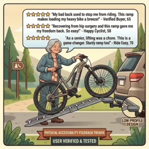 An infographic showing an older adult easily managing their equipment, reflecting the physical accessibility feedback from a hitch bike rack with ramp real user reviews.
