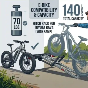 Infographic detailing the 140 lbs total weight capacity of the hitch bike rack with ramp for toyota rav4