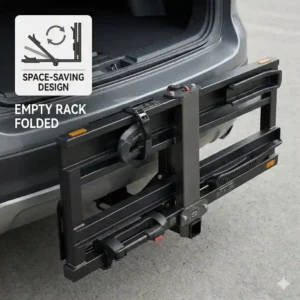A space-saving foldable hitch bike rack with ramp under $1000 shown in the upright position.