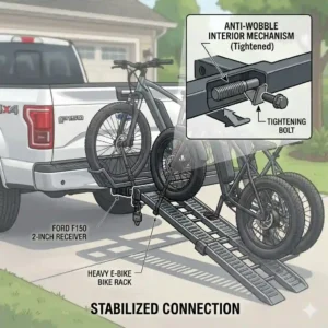 A structural infographic showing the anti-wobble stabilization system at the receiver connection of the hitch bike rack with ramp for ford f150.