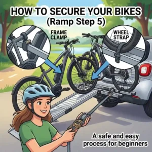 An illustration demonstrating how to secure bike frames on a hitch bike rack with ramp for beginners.