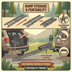 Senders and diagrams showing a foldable loading ramp stored in a trunk, demonstrating the portability trends found in a hitch bike rack with ramp real user reviews.