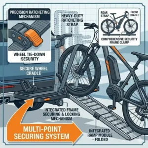Illustration for a hitch bike rack with ramp buying guide detailing the multi-point secure wheel cradle system and ratcheting straps.