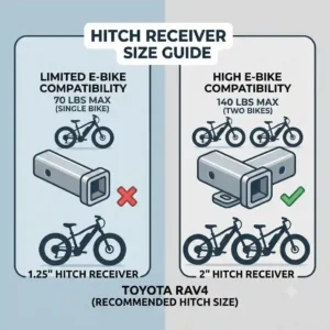 Comparison guide showing 1.25-inch versus 2-inch receiver compatibility for the hitch bike rack with ramp for toyota rav4.