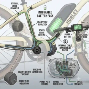 A close-up graphic showing the precision connection junction and signal pathways of a hurley electric bike.