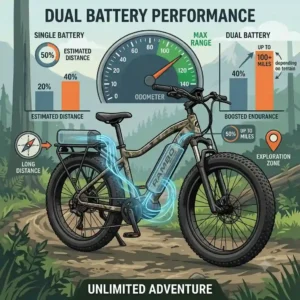 Graphic illustration outlining the long-range dual battery capacity of Rambo bikes models.