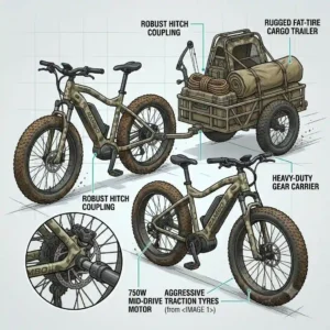An off-road rambo electric bike towing a heavy-duty cargo bike trailer loaded with outdoor gear.