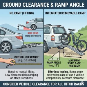 A comparison diagram showing the storage size and trunk accessibility of a hitch bike rack with ramp vs no ramp models when folded.