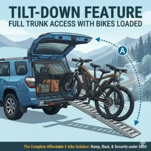 The tilt-down feature of a hitch bike rack with ramp under $800 allowing full access to the vehicle trunk.