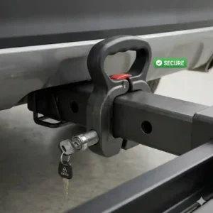 Detailed view of the secure locking mechanism on a hitch bike rack with ramp under $1000.