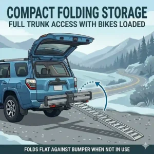 A compact folding hitch bike rack with ramp under $800 folded flat against the rear bumper when not in use.