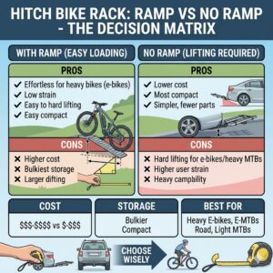 An illustration showing the slope angle and ground clearance considerations for a hitch bike rack with ramp vs no ramp styles on a low sedan.