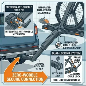 Illustration for a hitch bike rack with ramp buying guide focused on anti-wobble security, showing the locking hitch pin and integrated frame cable lock.