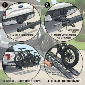 A four-step illustration guide demonstrating the easy installation process of a hitch bike rack with ramp for ford f150 onto a truck hitch.