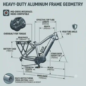 Engineering style illustration showing the heavy-duty aluminum frame geometry of Rambo bikes.