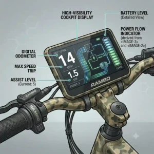 Digital LCD screen on the handlebars of a rambo electric bike displaying battery life and digital odometer.