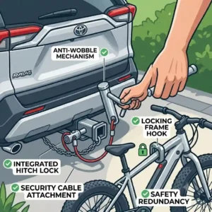 Close-up diagram highlighting the anti-wobble mechanism and locking frame hooks of the hitch bike rack with ramp for toyota rav4.