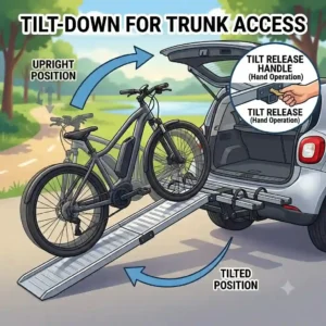 An illustration showing the tilt feature for trunk access on a hitch bike rack with ramp for beginners.