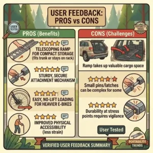 A comprehensive pros and cons chart summarizing the overall buyer feedback and data from a hitch bike rack with ramp real user reviews.