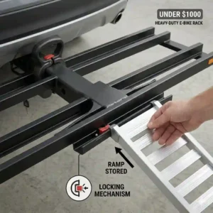 The integrated ramp storage slot on a hitch bike rack with ramp under $1000.