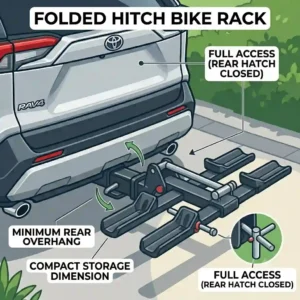 Illustration of the compact dimensions when folded flat against the vehicle bumper for the hitch bike rack with ramp for toyota rav4.