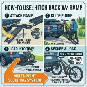 A step-by-step instructional illustration for a hitch bike rack with ramp buying guide, demonstrating how to use the hitch rack with a ramp from attaching to securing.