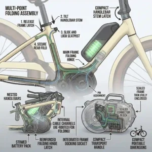 An overview illustration displaying the compact dimensions and portable design features of a folded hurley electric bike.