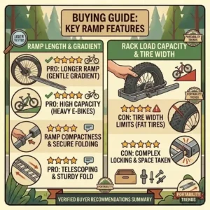 A final buying guide checklist with icons showcasing critical features to consider based on a hitch bike rack with ramp real user reviews.